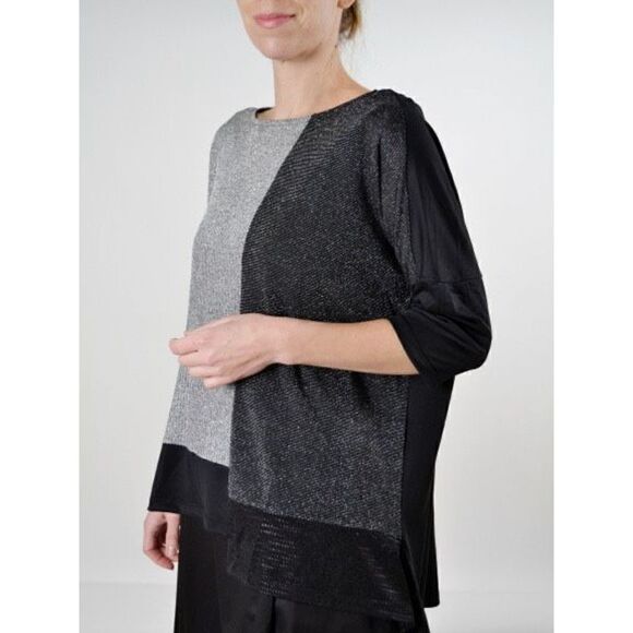 Alembika Black Silver Metallic Color Block Top - Picture 1 of 8